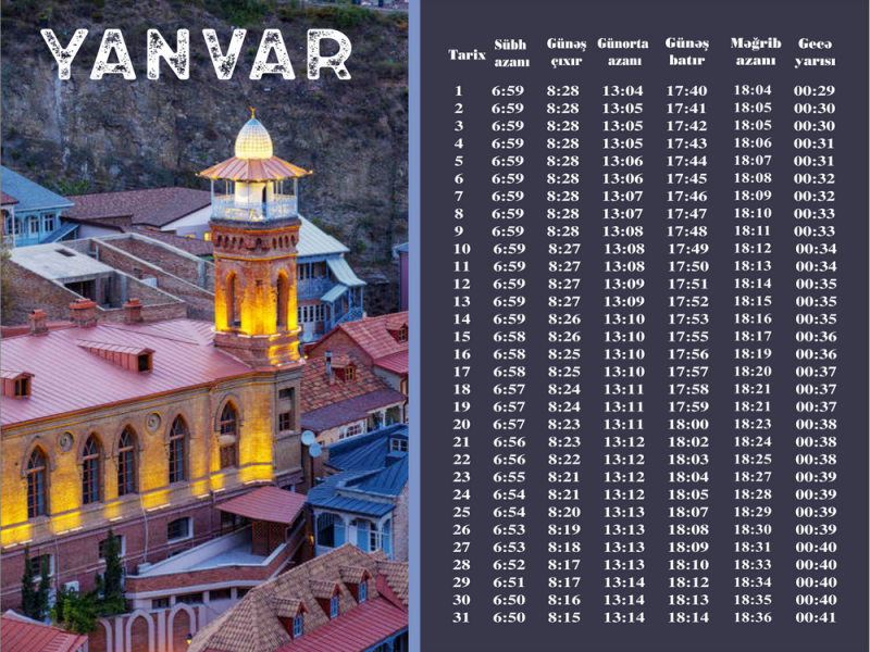 Gürcüstan üfüqi ilə yanvar ayının azan təqvimi
